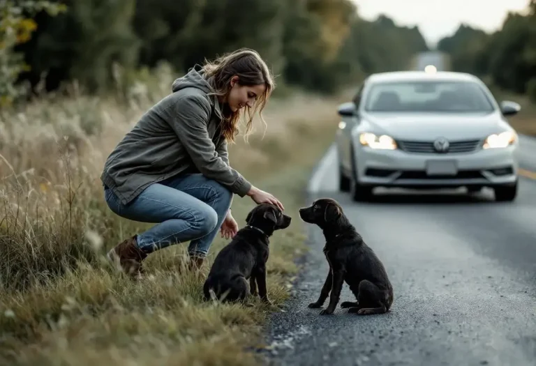 En apercevant une chienne et ses 2 chiots au bord de la route, une automobiliste ressent un besoin irrésistible de faire demi-tour pour les sauver tous les trois