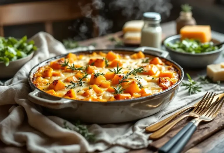 Gratin butternut au fromage frais au four : douceur fondante, herbes fraîches et crème pour réchauffer les longues soirées d’hiver