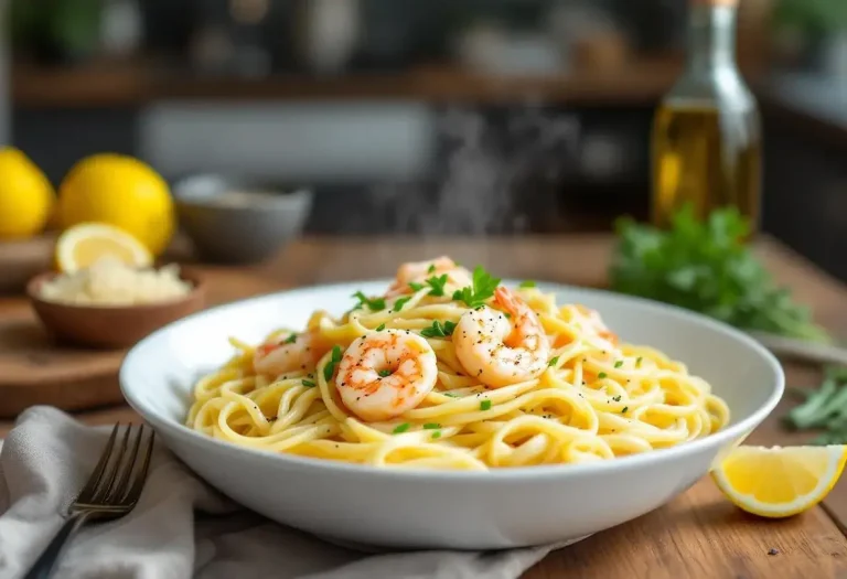 Linguine aux poireaux, crème et crevettes