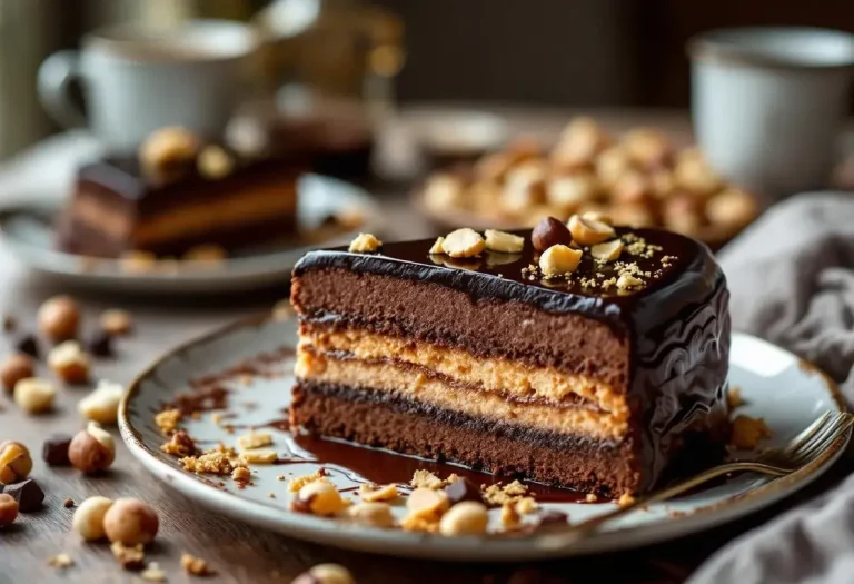 Royal chocolat (Trianon) maison : dacquoise noisette, praliné croustillant et glaçage miroir brillant